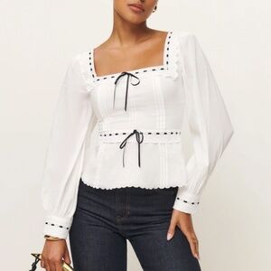 NEW Reformation Haisley Cotton Lace Top - White Lace Bow Blouse